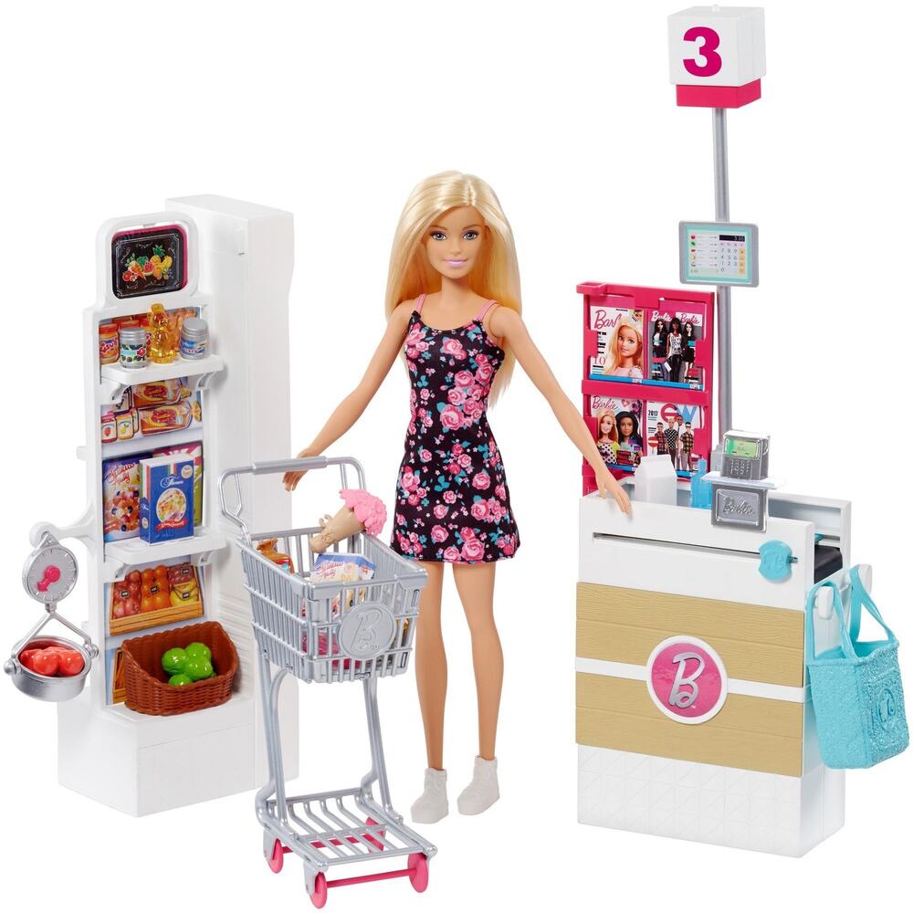 Barbie Supermarket Grocery Store with Rolling Cart and Working Belt NWT